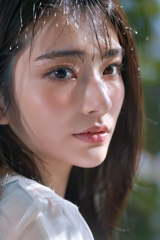 ((top quality, 8k, masterpiece: 1.3)), women (full body portrait, front, babydoll wearing, wet clothes, big breasts, cleavage), sunset, cocktail, relaxed pose, overhead camera, sharp focus: 1.2, cute women: 1.4, (((hairstyle random)), wet hair, very detailed face and skin and hair texture, detailed eyes, double eyelids, white skin, beautiful delicate nose, Cute young Japan woman, 28 years old, at a dynamic angle, is pleasing to the eye and suggestive composition, emphasizing the subject's hair, eyes, mouth and action, while exuding melancholy emotions characterized by a contrasting mix of muted tones and light and shadow,