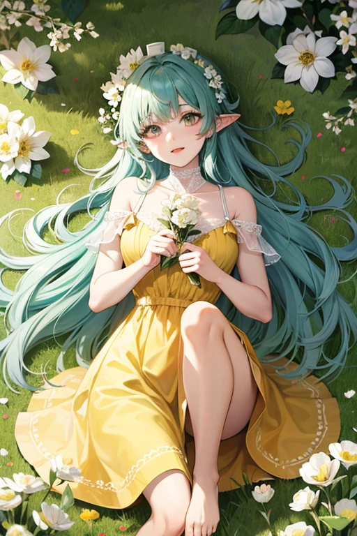 ((best quality)), ((masterpiece)), (detailed), perfect face, elf, young, girl, green hair, long hair, yellow dress, flowers, white flowers, happy, sunny, green grass, lawn, white lace choker, romantic, barefoot,シャイニースキン,シャイニーヘアー,バックライト,グラマラスボディ,