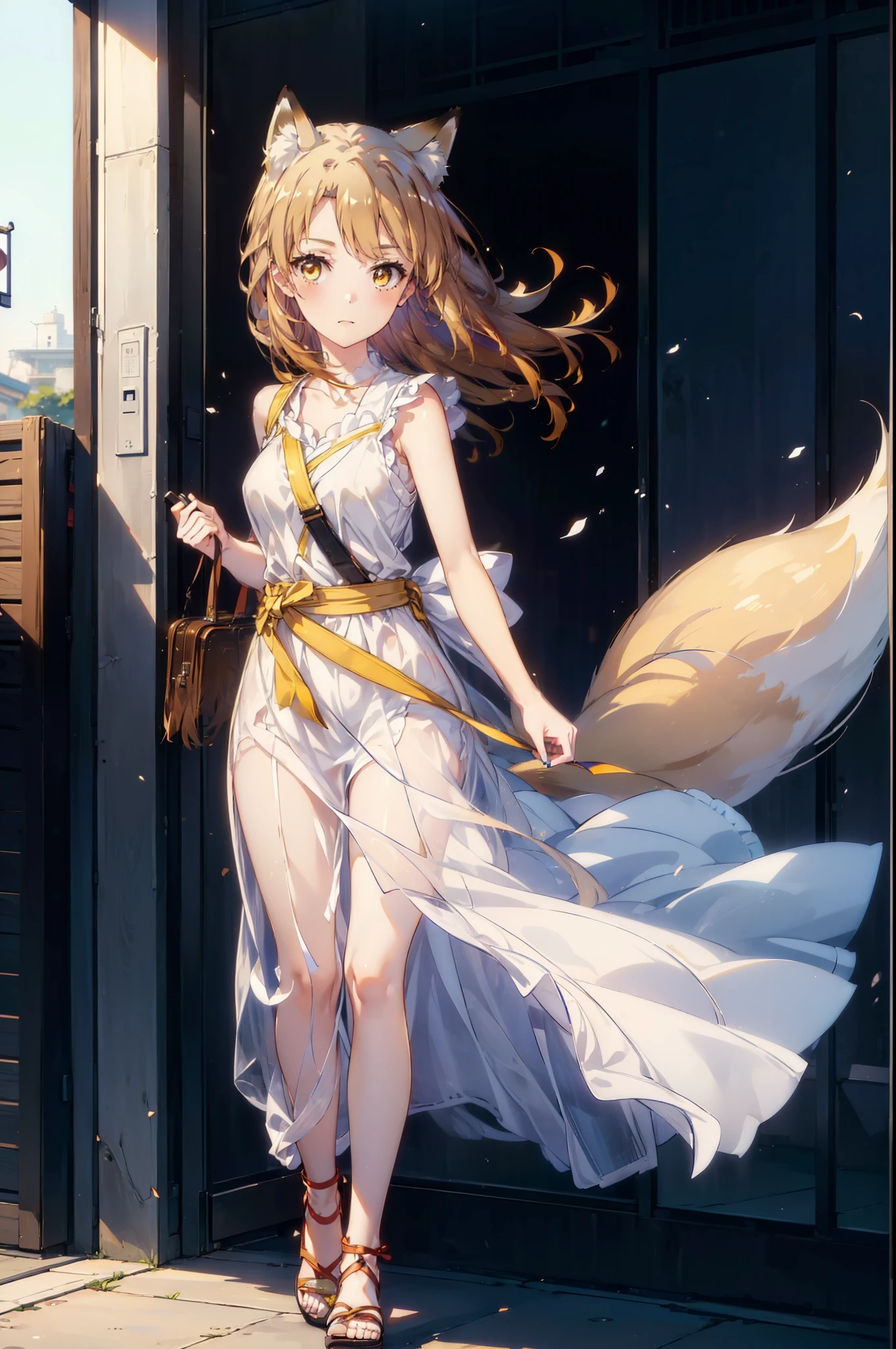 Irohaisshiki, isshiki iroha,Long Hair, Brown Hair, (Brown eyes:1.5), happy smile, smile, Open your mouth,animal(Fox Ears,Fox tail),Yellow sleeveless dress,Yellow long skirt,Cute Sandals,Push-type suitcase,background(Ships at anchor),port,My hair is blowing in the wind,Holding her hair with her right hand,whole bodyがイラストに入るように,Are standing,morning,morning陽,The sun is rising,
break outdoors, port,Ocean,
break looking at viewer,whole body,
break (masterpiece:1.2), Highest quality, High resolution, unity 8k wallpaper, (shape:0.8), (Beautiful and beautiful eyes:1.6), Highly detailed face, Perfect lighting, Highly detailed CG, (Perfect hands, Perfect Anatomy),