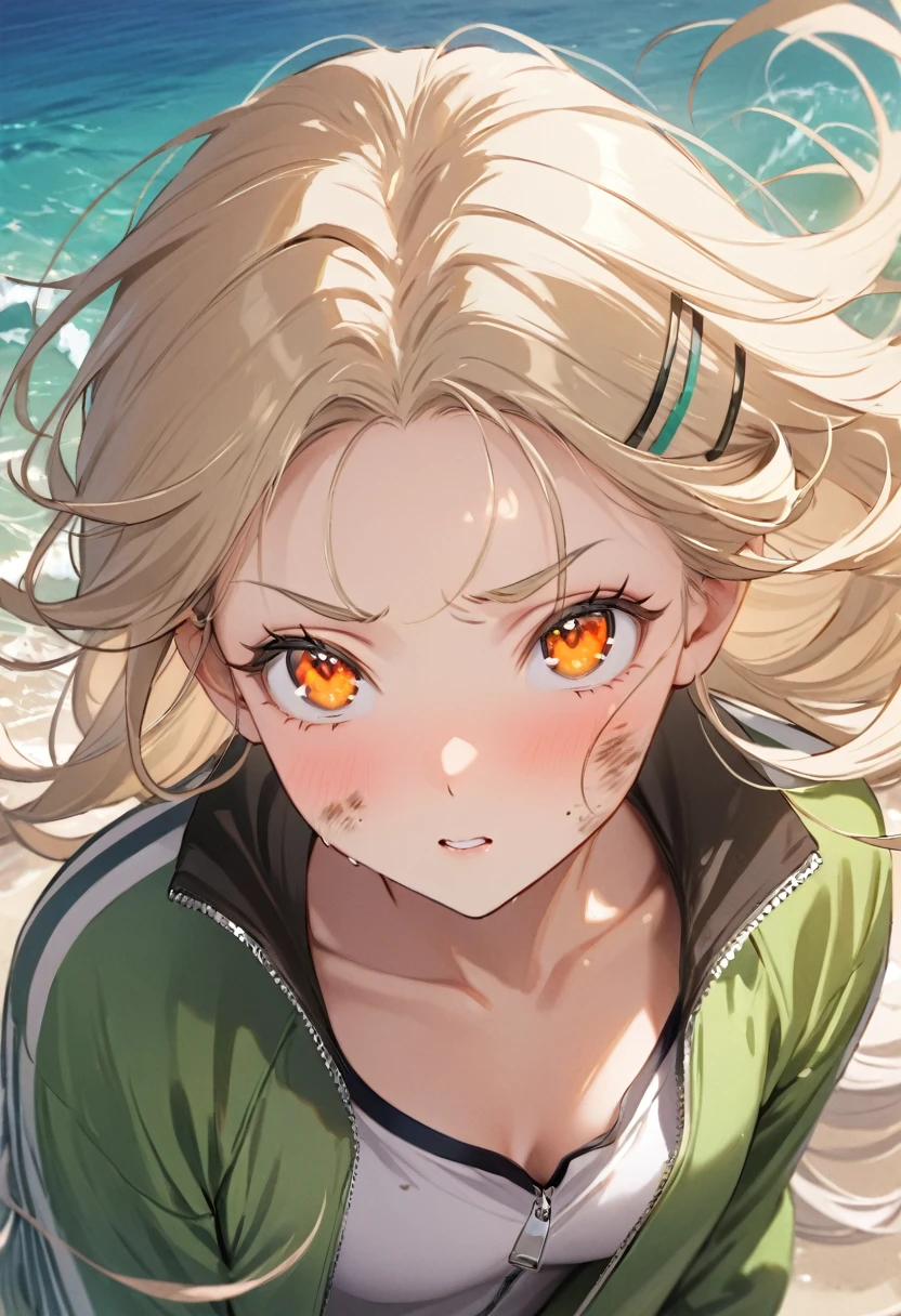 Highest quality, masterpiece, No correction, Beark, Ocean、The sky is beautiful、虹色に輝く大Ocean原、Sandy Beach、,shinosawa hiro,thin,Orange eyes,White eyelashes,Blonde,Long Hair,Hair Clip,Track jacket,Green shorts,White sneakers, Head Focus, Transparent sneakers, Open shirt,Shining expression、Dirty face、languid look、Hot and spicy face、No injuries、 (masterpiece:1.2, Highest quality), (Fine and beautiful eyes: 1.2), (Beautiful and dense face), (Sharp facial hair between the eyes)、Dynamic Pose