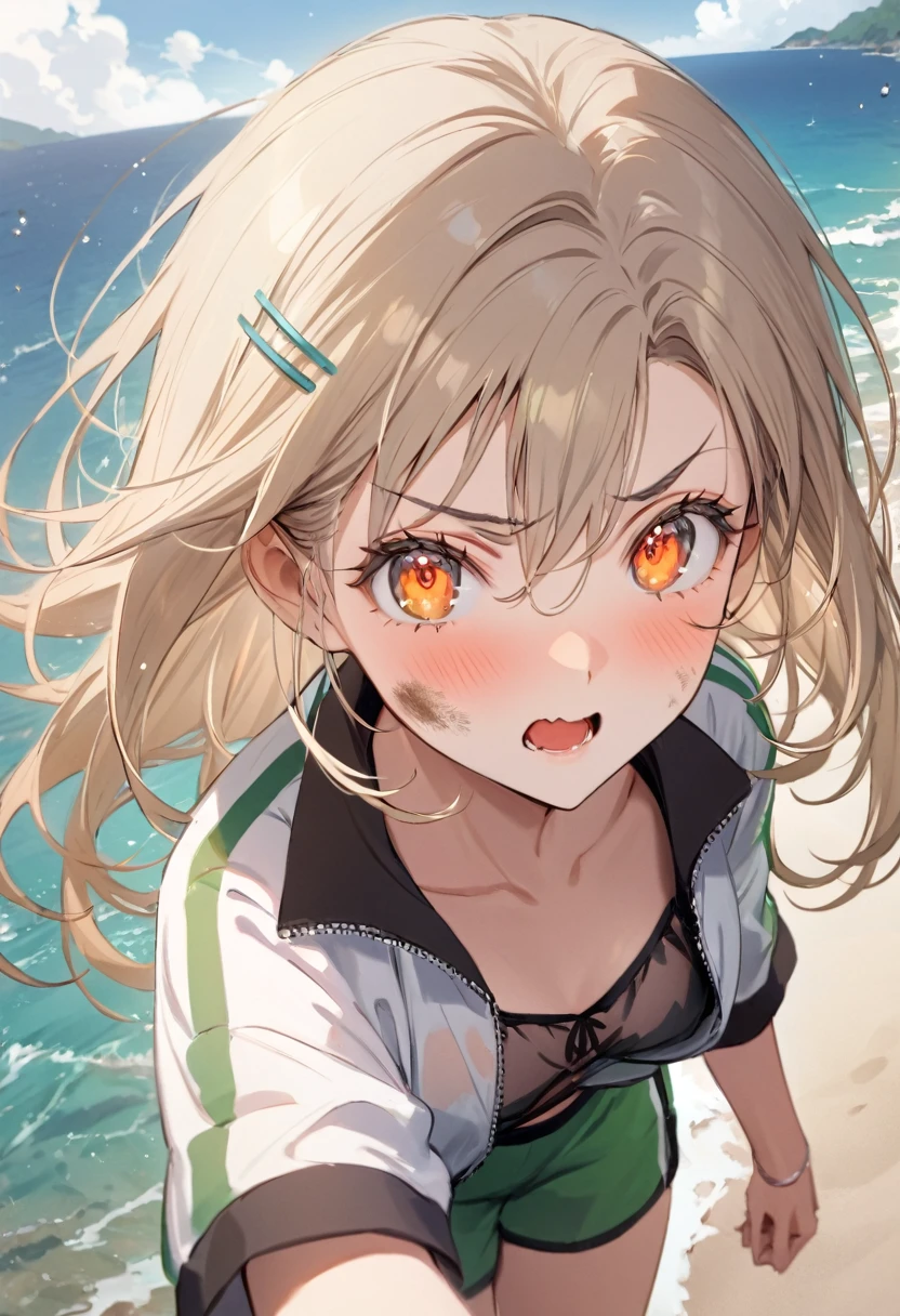 Highest quality, masterpiece, No correction, Beark, Ocean、The sky is beautiful、虹色に輝く大Ocean原、Sandy Beach、,shinosawa hiro,thin,Orange eyes,White eyelashes,Blonde,Long Hair,Hair Clip,Track jacket,Green shorts,White sneakers, Head Focus, Transparent sneakers, Open shirt,Shining expression、Dirty face、languid look、Hot and spicy face、No injuries、 (masterpiece:1.2, Highest quality), (Fine and beautiful eyes: 1.2), (Beautiful and dense face), (Sharp facial hair between the eyes)、Dynamic Pose