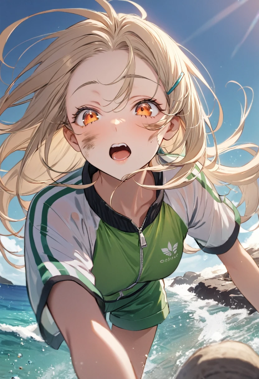 Highest quality, masterpiece, No correction, Beark, Ocean、The sky is beautiful、虹色に輝く大Ocean原、Sandy Beach、,shinosawa hiro,thin,Orange eyes,White eyelashes,Blonde,Long Hair,Hair Clip,Track jacket,Green shorts,White sneakers, Head Focus, Transparent sneakers, Open shirt,Shining expression、Dirty face、languid look、Hot and spicy face、No injuries、 (masterpiece:1.2, Highest quality), (Fine and beautiful eyes: 1.2), (Beautiful and dense face), (Sharp facial hair between the eyes)、Dynamic Pose