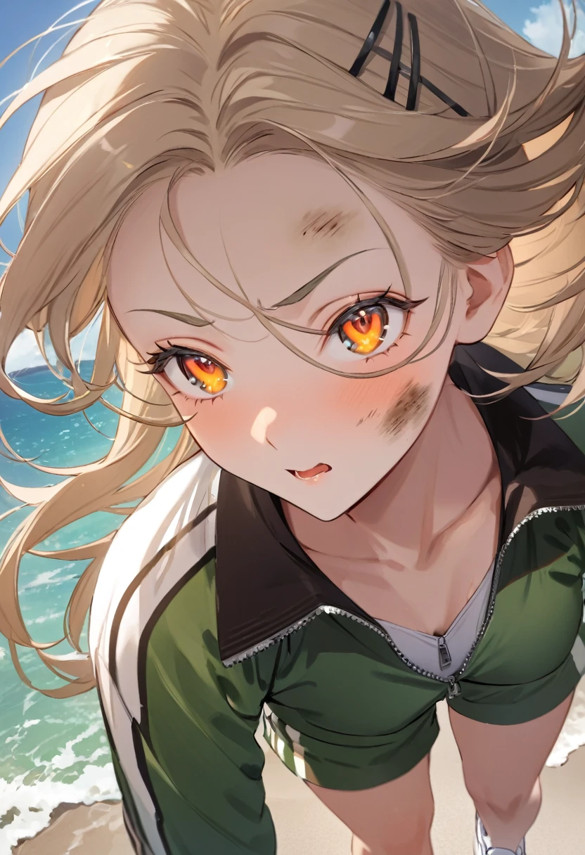 Highest quality, masterpiece, No correction, Beark, Ocean、The sky is beautiful、虹色に輝く大Ocean原、Sandy Beach、,shinosawa hiro,thin,Orange eyes,White eyelashes,Blonde,Long Hair,Hair Clip,Track jacket,Green shorts,White sneakers, Head Focus, Transparent sneakers, Open shirt,Shining expression、Dirty face、languid look、Hot and spicy face、No injuries、 (masterpiece:1.2, Highest quality), (Fine and beautiful eyes: 1.2), (Beautiful and dense face), (Sharp facial hair between the eyes)、Dynamic Pose