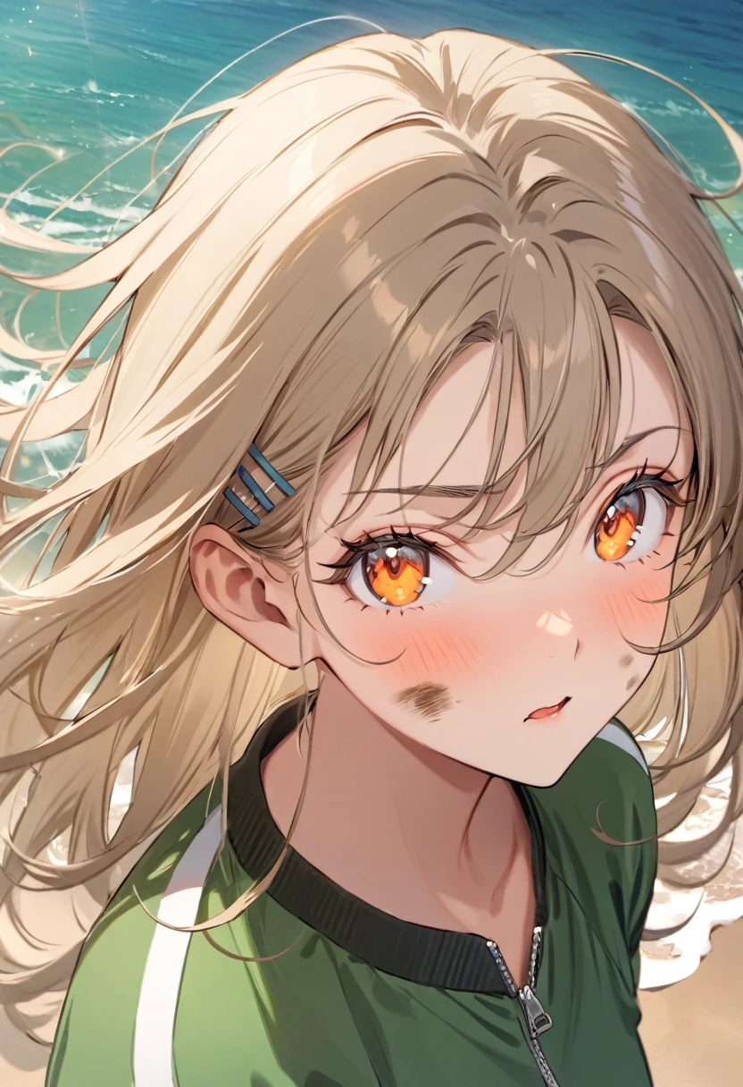 Highest quality, masterpiece, No correction, Beark, Ocean、The sky is beautiful、虹色に輝く大Ocean原、Sandy Beach、,shinosawa hiro,thin,Orange eyes,White eyelashes,Blonde,Long Hair,Hair Clip,Track jacket,Green shorts,White sneakers, Head Focus, Transparent sneakers, Open shirt,Shining expression、Dirty face、languid look、Hot and spicy face、No injuries、 (masterpiece:1.2, Highest quality), (Fine and beautiful eyes: 1.2), (Beautiful and dense face), (Sharp facial hair between the eyes)、Dynamic Pose