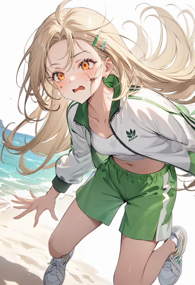 Highest quality, masterpiece, No correction, Beark, Ocean、The sky is beautiful、虹色に輝く大Ocean原、Sandy Beach、,shinosawa hiro,thin,Orange eyes,White eyelashes,Blonde,Long Hair,Hair Clip,Track jacket,Green shorts,White sneakers, Head Focus, Transparent sneakers, Open shirt,Shining expression、Dirty face、languid look、Hot and spicy face、No injuries、 (masterpiece:1.2, Highest quality), (Fine and beautiful eyes: 1.2), (Beautiful and dense face), (Sharp facial hair between the eyes)、Dynamic Pose