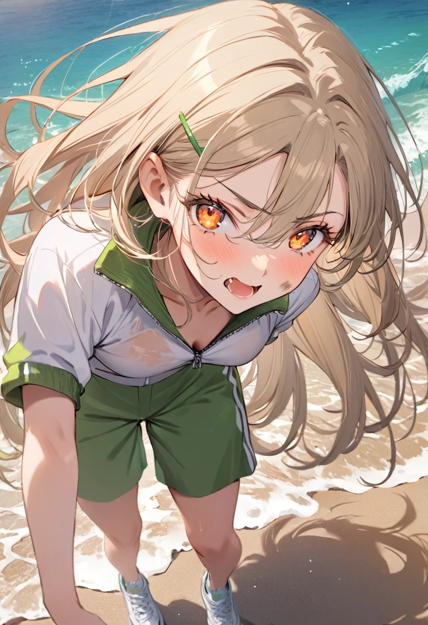 Highest quality, masterpiece, No correction, Beark, Hiro Gym,shinosawa hiro,thin,Orange eyes,White eyelashes,Blonde,Long Hair,Hair Clip,Track jacket,Green shorts,White sneakers, Sweating on the head, Heavy breathing, Head Focus, Transparent sneakers, Open shirt,Shining expression、Dirty face、Grin、 (masterpiece:1.2, Highest quality), (Fine and beautiful eyes: 1.2), (Beautiful and dense face), (Sharp facial hair between the eyes)