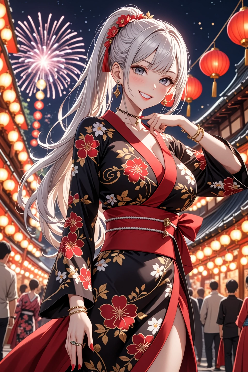 ((One personの女性)), Beautiful Face, (Laughing embarrassedly), (smirk:1.4), ((Wink:1.5)), (head tilt:1.3), Laugh with your mouth wide open, upper teeth, looking at viewer, (Doing sexy poses), ((Bright red cheeks:1.4)), Glossy Red Lips, (Big Breasts:1.4), night,Approach to the shrine, Festival Stalls, firework, Glossy pink lips, Shining Face, ((Anime style background)),masterpiece, Highest quality, so beautiful,up to date, Complex details, (Pink long nails), (nail art), (ring),(bracelet),(Floral choker), (ring helix piercing:1.5), AI-generated, Complex,High resolution, Highest quality, super high quality,3D Images、3D Images,One person,Long white hair,High Ponytail, Anime woman posing for a photo, ((silver eyes:1.6)), ((Fine grain、blue eyes、Shining Eyes:1.3)), (Squint your eyes:1.1),a hyperRealistic , hyperRealistic , Realistic,Anime woman with long white hair, Smooth anime CG art, (A woman in a colorful kimono with gold embroidery), ((Black long sleeve kimono:1.3)), Red floral pattern,Long flower hair ornament,Earrings,Mature Body,Tall,Abdominal muscles,Tight waist, (face focus:1.5), (dutch angle:1.3),