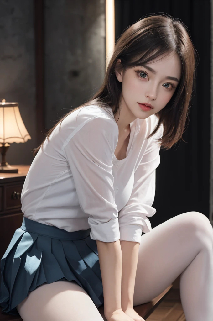ultra realistic 8k cg, picture-perfect face, flawless, clean, masterpiece, professional artwork, famous artwork, perfect face, beautiful face, beautiful eyes, ((perfect female body)), solo,(immersive atmosphere, chiaroscuro:1.5,bright light:1.2,luminous lighting)
,,(blush:0.5),seductive expression,extremely detailed_eyes,thick thighs,large breasts,
beautifully detailed background,depth of field,realistic:1.3, long shot,1girl,shirt,pleated skirt, , sitting, full body,
(ambient light:1.3),(cinematic composition:1.3),(neon lights:0.1),(HDR:0.1),Accent Lighting, white pantyhose,