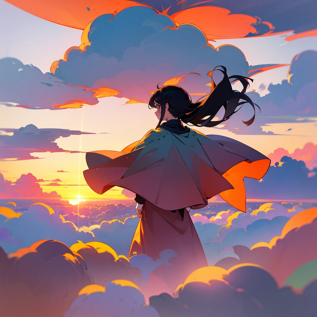 The girl is hovering above the clouds and looking at the setting sun, back view of the back and the sun, Girl looking at the sunset