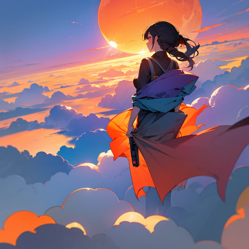 The girl is hovering above the clouds and looking at the setting sun, back view of the back and the sun, Girl looking at the sunset
