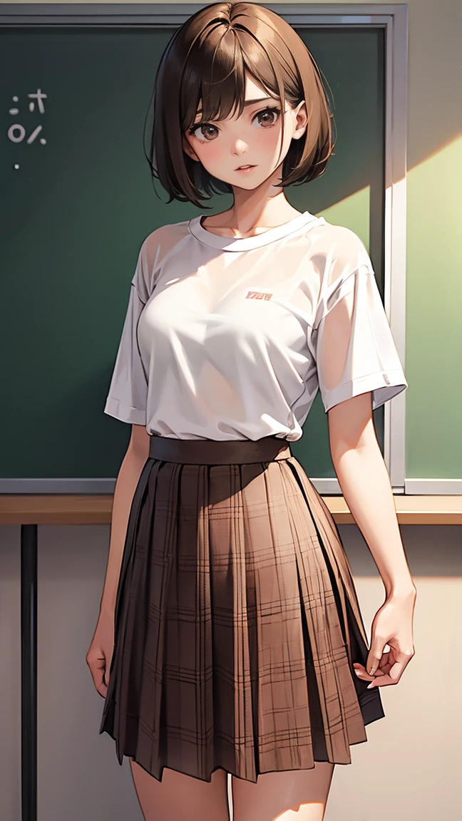 (1 female), short bob, 18 years old, Japanese, brown eyes, brown hair, slim, (flat chest), high school girl, classroom, see-through T-shirt: 1.5, (mint green bra: 0.6), bra visible through clothes,