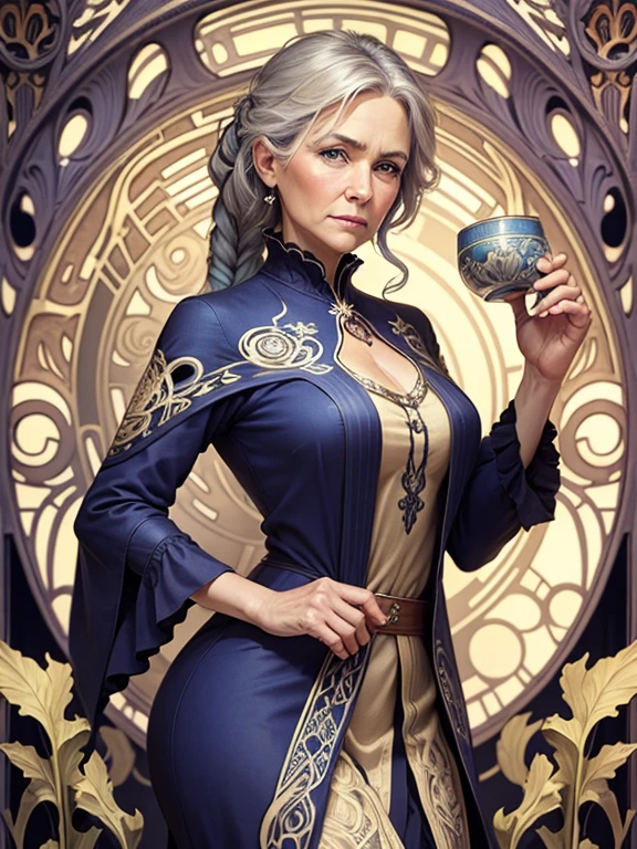 masterpiece, Highest quality, Very detailed, 16K, Ultra-high resolution, Cowboy Shot, (art nouveau:1.4), 65-year-old old woman, Detailed face, blue eyes, Gray Hair, Braiding, Red dress
