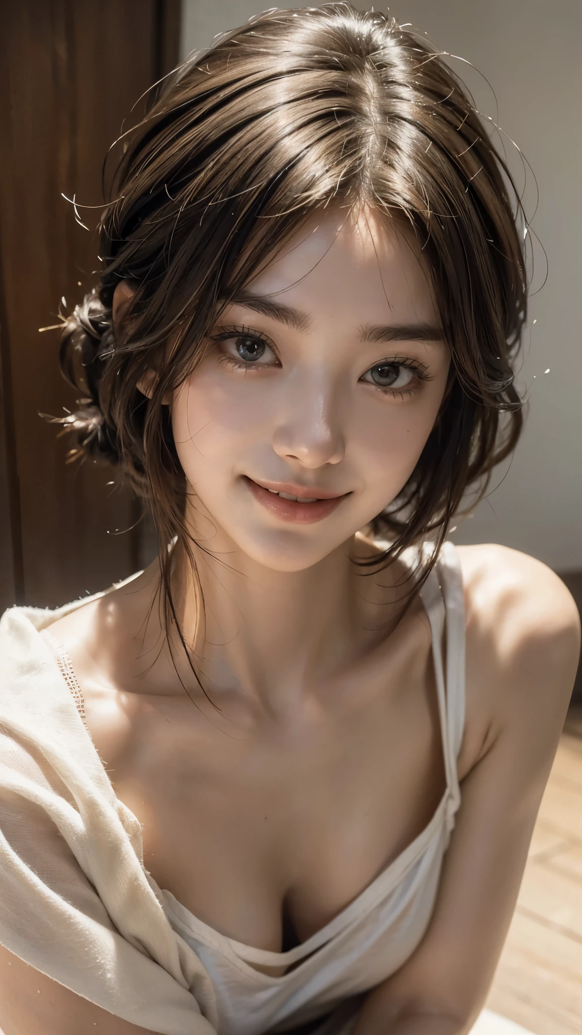 (masterpiece:1.3), (8K, Photorealistic, Raw photo, Best image quality: 1.4), Japanese schoolgirl、((Portrait taken from below:1.3)),(Smiling with teeth showing)),(Random Hairstyles:1.2)、Cleavage:1.2、Super detailed face、Attention to detail、double eyelid、Put your chest together、Sharp focus:1.2、Beautiful woman:1.4、Light brown hair、Highest quality、masterpiece、Ultra-high resolution、(Photorealistic:1.4)、Highly detailed and professionally lit smile、Dirty,A stretched out old T-shirt、Shoulder out、thin、Serious expression、Short-haired、Deadly position、I can see your chest、Blonde、