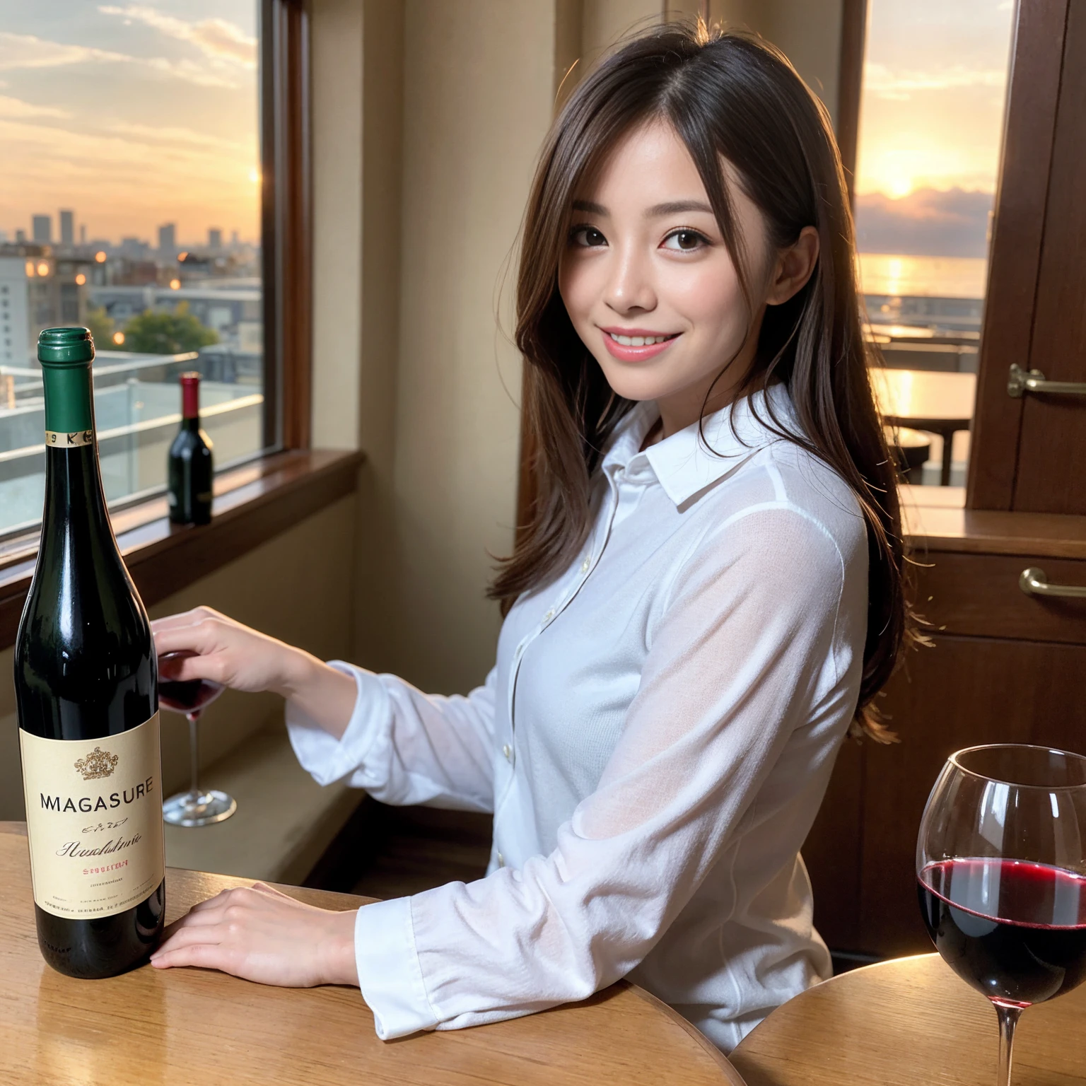 ((Highest quality、8K、masterpiece:1.3))、1 male 1 female、Satomi Ishihara、 years old、Slim Beauty、Pink Couple、smile、 (Slim face), (the body is スリム), (Brown Hair), (Shortcuts), テーブルのフルコースディナーとwine glass、Amazing view of the sunset sky and clouds、smileの美しさ、Wine bottle、sparkling wine、Long sleeve shirt、dress、White wine, red wine, wine glass, 