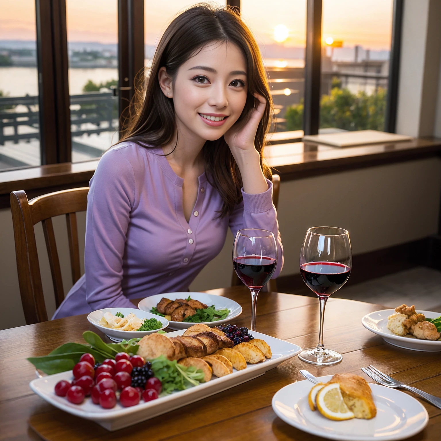 ((Highest quality、8K、masterpiece:1.3))、1 male 1 female、Satomi Ishihara、 years old、Slim Beauty、Pink Couple、smile、 (Slim face), (the body is スリム), (Brown Hair), (Shortcuts), テーブルのフルコースディナーとwine glass、Amazing view of the sunset sky and clouds、smileの美しさ、Wine bottle、sparkling wine、Long sleeve shirt、dress、White wine, red wine, wine glass,