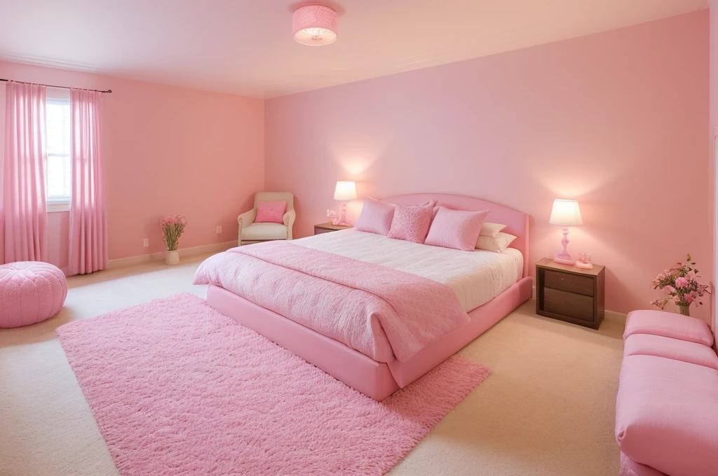 there is a pink bed with pillows and a pink rug, pink zen style, brightly lit pink room, bedroom background, pink hue, pink pastel, the walls are pink, minimal pink palette, bedroom interior, pastel pink, with soft pink colors, pink vibe, pink background, vibrant pink, heaven pink, light pink background, bedroom, smooth pink skin