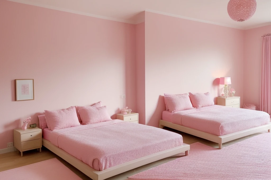 there is a pink bed with pillows and a pink rug, pink zen style, brightly lit pink room, bedroom background, pink hue, pink pastel, the walls are pink, minimal pink palette, bedroom interior, pastel pink, with soft pink colors, pink vibe, pink background, vibrant pink, heaven pink, light pink background, bedroom, smooth pink skin