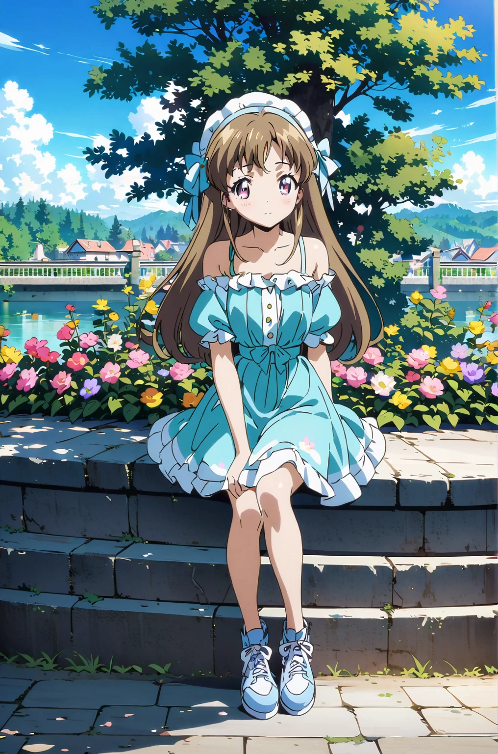 Anime girl sitting on a wall with flowers in her hair, Cute girl anime visuals,  In a dress, Beautiful Anime girl, Young Anime Girl, Cute anime waifu in a nice dress, Beautiful Anime, Anime Moe Art Style, Cute Anime Girl, High quality anime art style, Beautiful Anime art style, Beautiful Anime style, Beautiful Anime portrait, Anime full body illustration