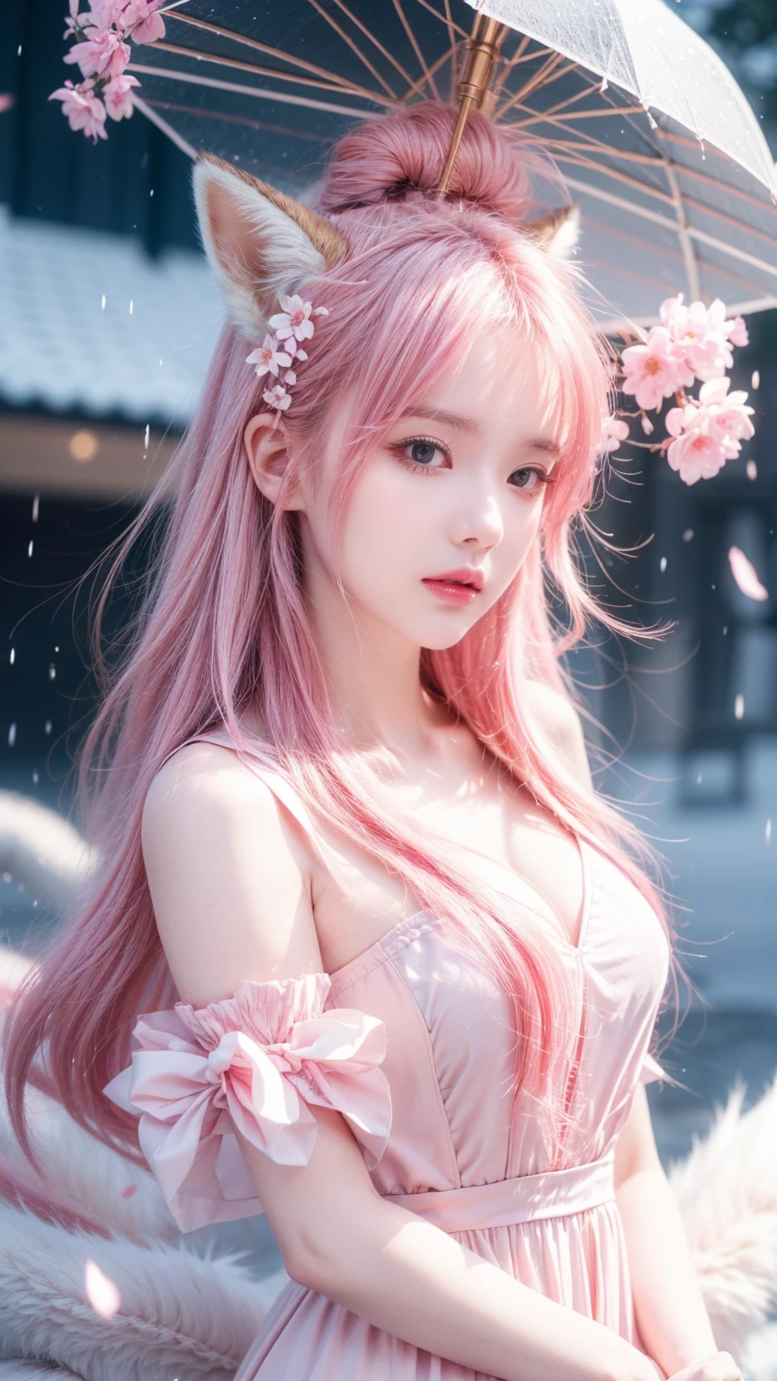 Nine snow-white fox tails (1.0), Milky white fox tail (1.0), Nine-tailed fox close-up, Nine Tails, Nine Tails, Pink Hair、Wearing a pink dress、Anime girl with flowers in her hair, very Beautiful anime fox girl, Beautiful anime fox girl, Beautiful fantasy anime, Gu Weiss, Anime girl with fox ears, Beautiful anime girl, Very beautiful and cute fox girl, Pink flower rain, Background blur, Anime style 4k, Anime Fantasy Artwork, 4k anime wallpaper, Guvez-style artwork