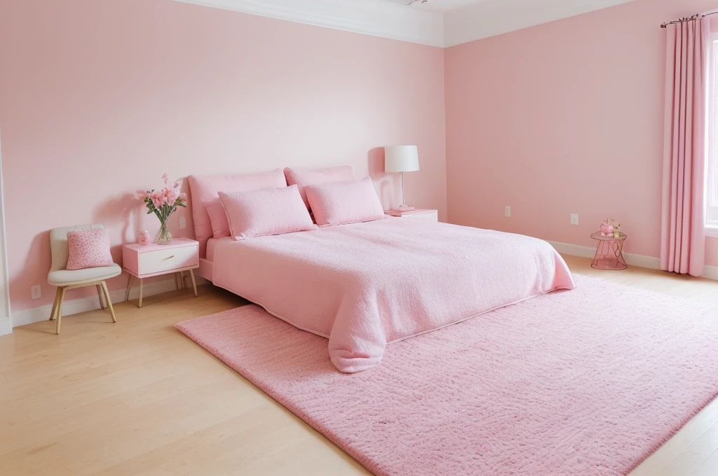 there is a pink bed with pillows and a pink rug, pink zen style, brightly lit pink room, bedroom background, pink hue, pink pastel, the walls are pink, minimal pink palette, bedroom interior, pastel pink, with soft pink colors, pink vibe, pink background, vibrant pink, heaven pink, light pink background, bedroom, smooth pink skin