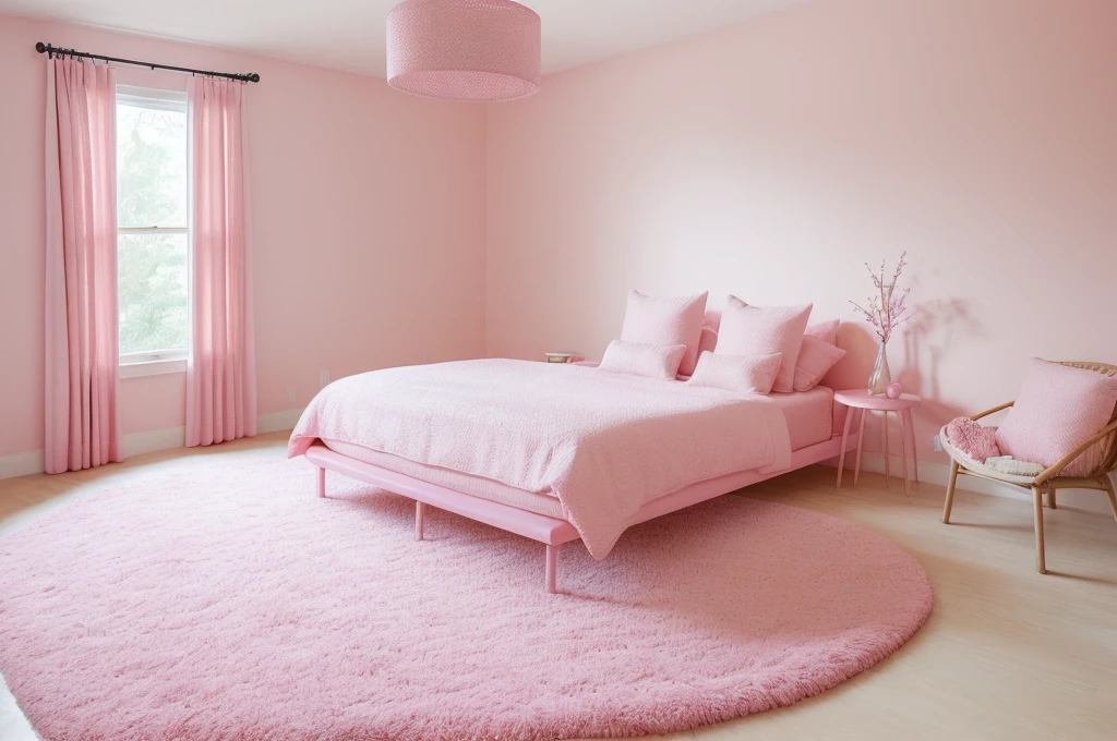 there is a pink bed with pillows and a pink rug, pink zen style, brightly lit pink room, bedroom background, pink hue, pink pastel, the walls are pink, minimal pink palette, bedroom interior, pastel pink, with soft pink colors, pink vibe, pink background, vibrant pink, heaven pink, light pink background, bedroom, smooth pink skin