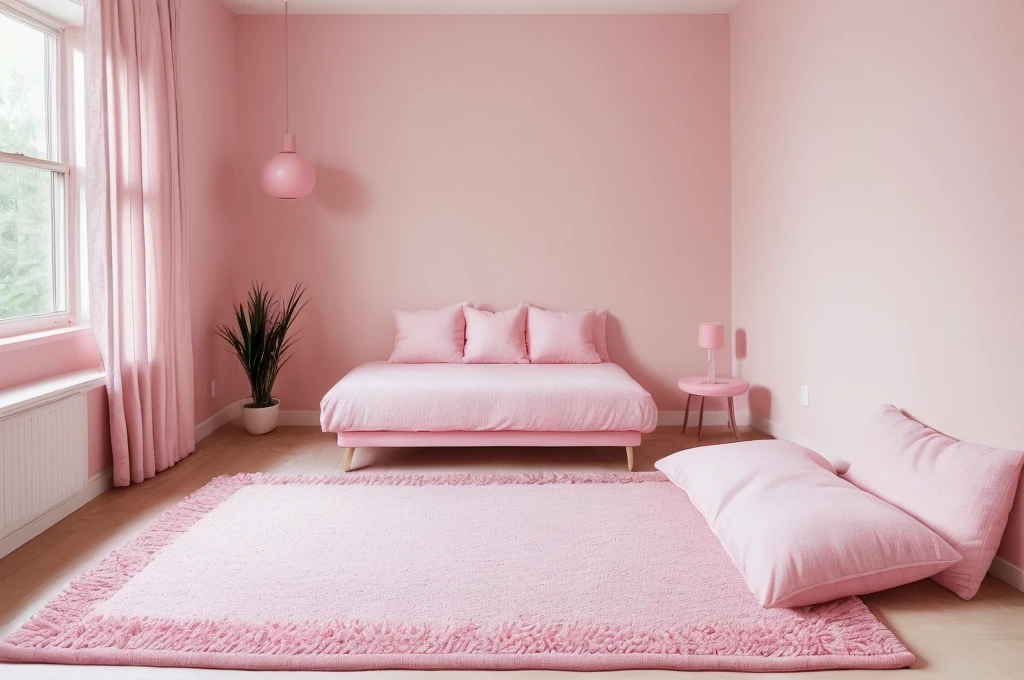 there is a pink bed with pillows and a pink rug, pink zen style, brightly lit pink room, bedroom background, pink hue, pink pastel, the walls are pink, minimal pink palette, bedroom interior, pastel pink, with soft pink colors, pink vibe, pink background, vibrant pink, heaven pink, light pink background, bedroom, smooth pink skin