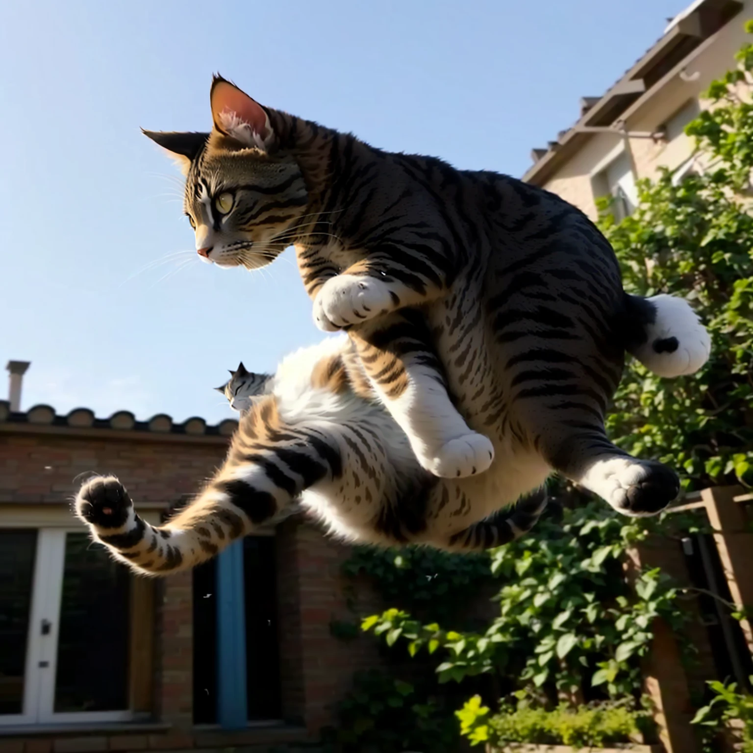 araffe cat jumping in the air outside of a house, cat is floating in air, basil flying, awesome cat, rising in the air levitating, ninja cat, horizontally leaping!!!, air is being pushed around him, pouncing, levitating, midair, leaping into the air, floating in mid - air, having fun in the sun
