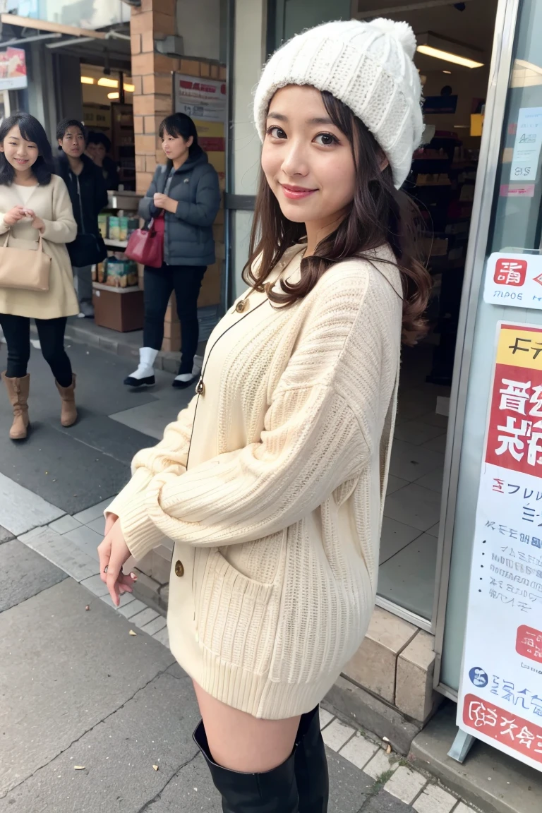 Maximum image quality、of the highest quality、highest resolution、Masterpiece、SMILE、Look at the camera、low angle shot、full body shot、beautiful mature woman of 38 years、long curly light brown hair、atar、white transparent dress、knitted hat、socks、knee high boots、pocket、A busy intersection in front of the supermarket on Station Main Street