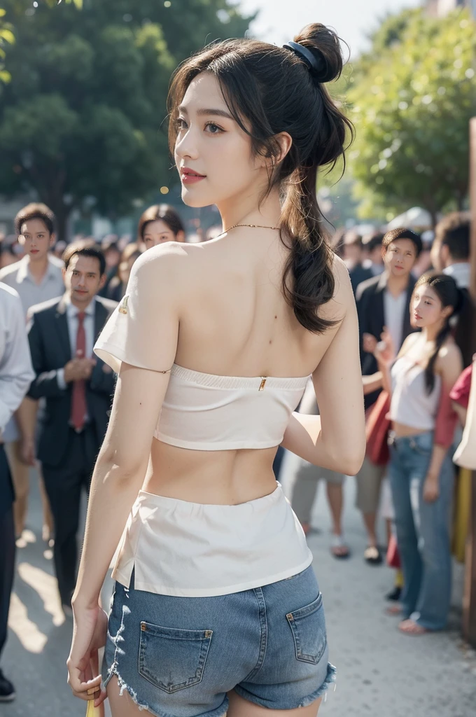 (((best quality))),(((ultra detailed))),(((masterpiece))),illustration,((1 beautiful girl,solo)),((slim,thin)),((shoulder off,strapless,bare back,towering hips,butt crack)), outside school gate, summer twilight, sunlight,(short ponytail:1.3),((white short-sleeved shirt)),((clavicalis,navel)),((navy blue sports shorts,slender legs)),animated face, excited eyes, sounds of laughter, chatter, excitement of summer vacation, air filled with energy, school gate golden glow, symbol of end of academic year, schoolyard transformed, reunion, farewells, embracing setting sun, face illuminated, moment captured, fleeting instant, essence of summer, carefree spirit, youthful exuberance, embodiment of season, sun dips, rosy glow, joy of living,promise of adventures,((standing,from back,upper body)),(surrounded by crowded crowds:1.3)