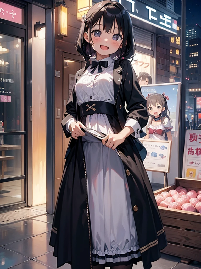 masterpiece, best quality, 2girls, 10yo, (petite), cowboy shot,
 smile, open mouth, standing, idol dress, (open clothes), (clothes lift), small breasts, fuzoku, storefront, scenery, night,