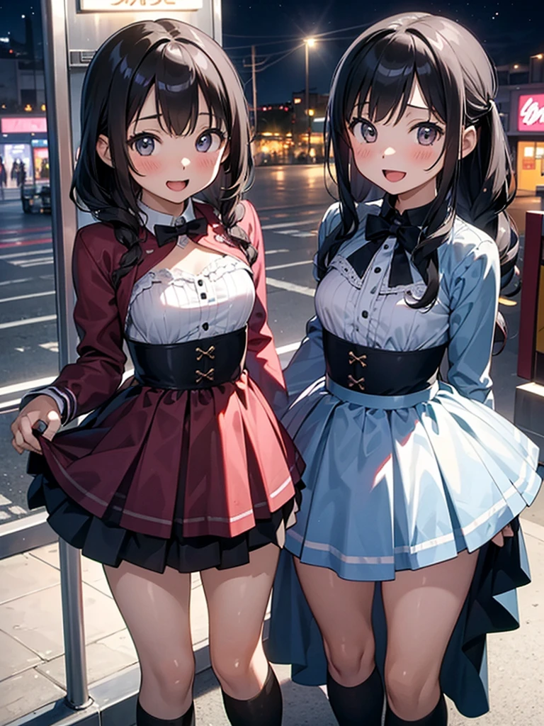 masterpiece, best quality, 2girls, 10yo, (petite), cowboy shot,
 smile, open mouth, standing, idol dress, (open clothes), (clothes lift), small breasts, fuzoku, storefront, scenery, night,