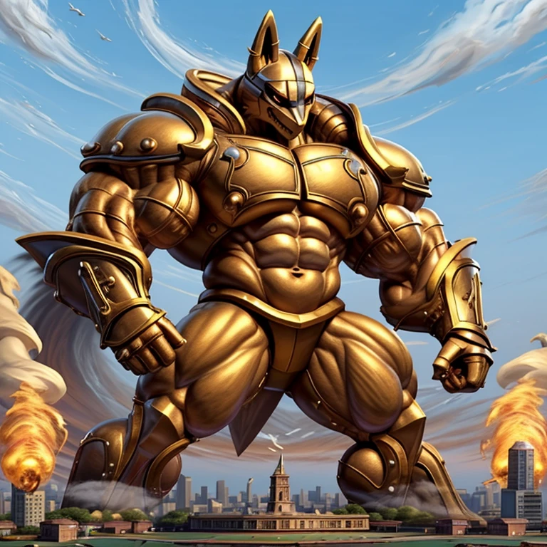 (situation 1 : dominating Shiny_Mega_Lucario. Shiny_Mega_Lucario is over 1000 meters long. focus GIANT mechanical Muscular Shiny_Mega_Lucario is trampling the city. Looking down. macro. stomp. Low-angle perspective. emphasizing the immense size.)

(situation 2 :smoke and flames rising from the destruction in the city)

(Additional details 1: wearing a full-face helmet. golden armor. Armored Flazzard. Armored_Flazzard. He is wearing a golden cloak.).

(Additional details 2: (Detailed head. Detailed Body. Detailed abs. gigantic muscles. HYPER MUSCLES. Gigachad Muscular. big muscle. pecs. triceps. traps. unusually developed muscular body. body full of huge muscles. showing off muscles. pectorales enormes. Exaggeratedly huge muscles. huge muscles. long legs.).