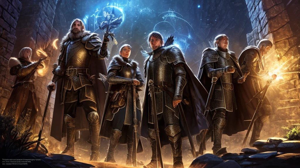 a knight, a ranger, a cleric, and a wizard exploring through a dark dungeon.