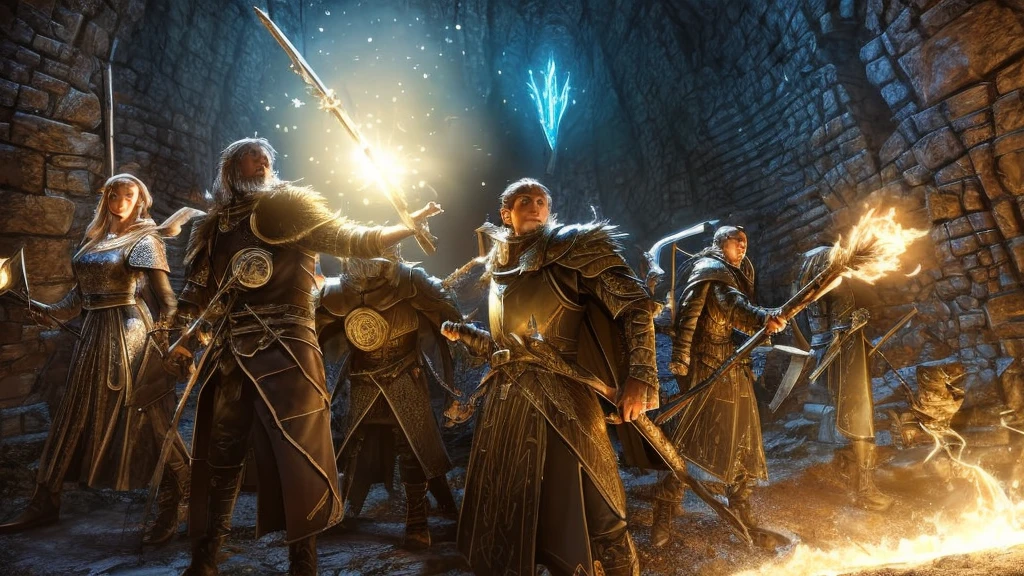 a knight, a ranger, a cleric, and a wizard exploring through a dark dungeon. 
