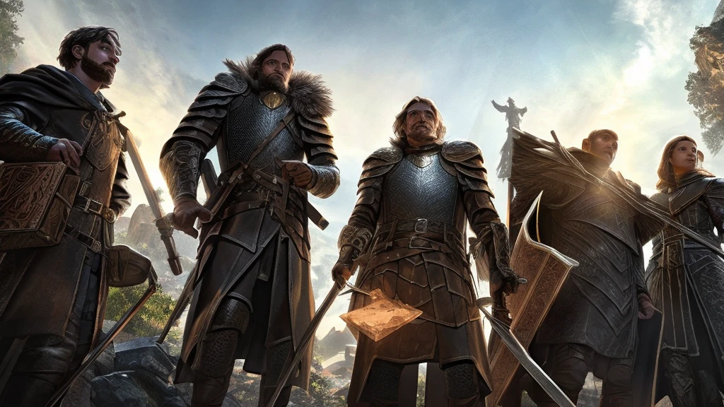 a knight, a ranger, a cleric, and a wizard exploring through a dark dungeon.
