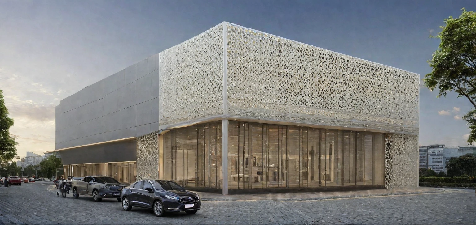 JZCG029, An car showroom is located in the city center, The facade is covered by large CNC panels, Car display area downstairs, office upstairs, (masterpiece:1.3), (best quality:1.3), (high resolution:1.2), (high detail:1.2),