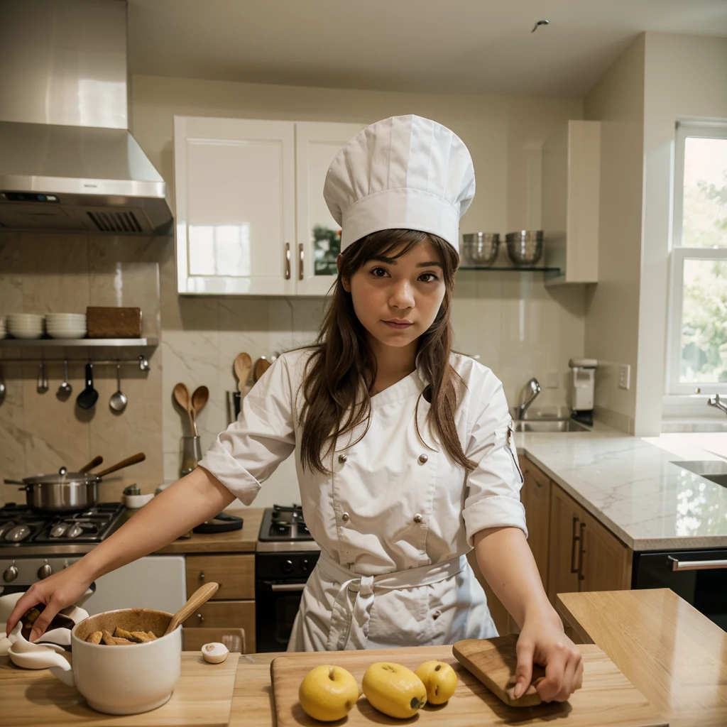 a girl chef with Hat in the beautiful kitchen, 18mm Focus Wide Angle Lens, 4k