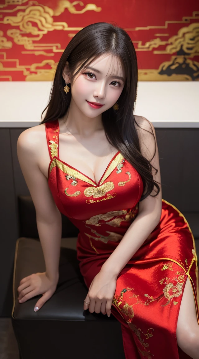 Highest quality、8K、Best image quality、Award-winning works)、One beautiful woman、Glowing Beautiful Skin , masterpiece、Highest quality、Ultra-high resolution、Depth of written boundary、Lens Flare 1 Girl、Black Hair、 Capture the attention of the audience, A glimpse of her large breasts , Red Chinese Dress, ( Red Chinese Dress:1.3), (Black high heels), Perfect Legs, Model pose, View from above, Sexy smile ,Japanese