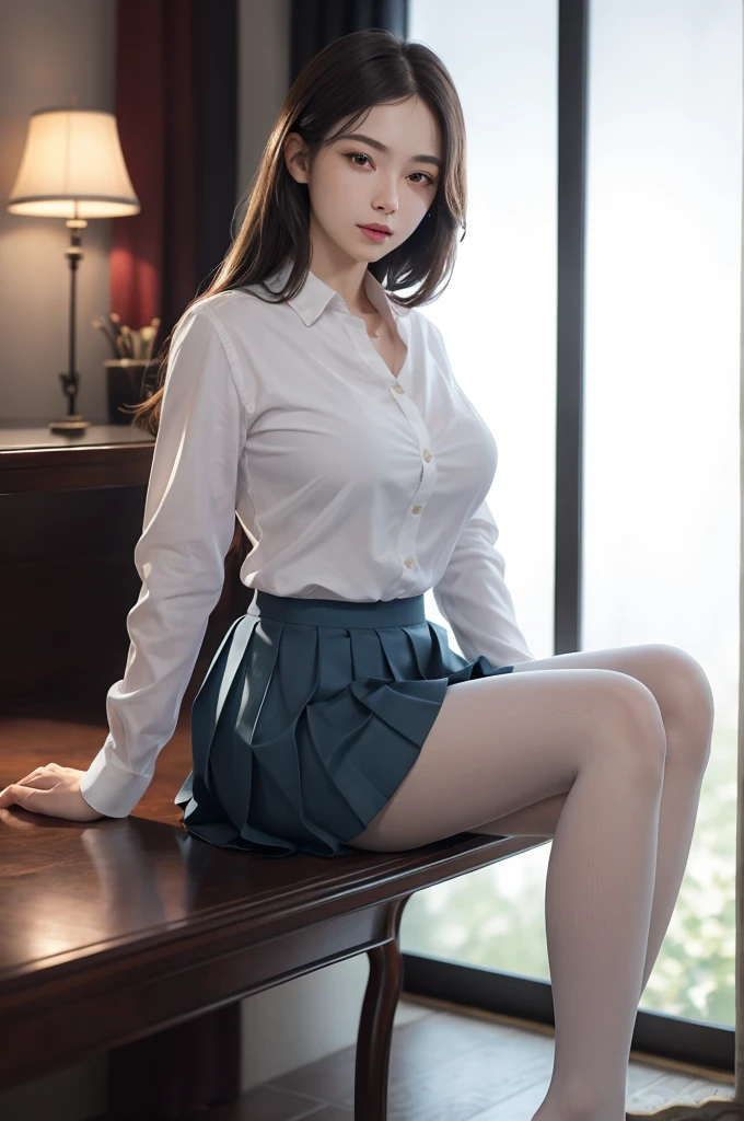 ultra realistic 8k cg, picture-perfect face, flawless, clean, masterpiece, professional artwork, famous artwork, perfect face, beautiful face, beautiful eyes, ((perfect female body)), solo,(immersive atmosphere, chiaroscuro:1.5,bright light:1.2,luminous lighting)
,,(blush:0.5),seductive expression,extremely detailed_eyes,thick thighs,large breasts,
beautifully detailed background,depth of field,realistic:1.3, long shot,1girl,shirt,pleated skirt, , sitting, full body, 
(ambient light:1.3),(cinematic composition:1.3),(neon lights:0.1),(HDR:0.1),Accent Lighting, white pantyhose,   