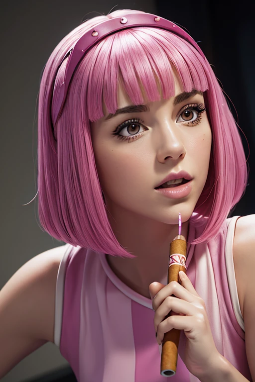 masterpiece, Best quality, absurdities, Ideal Anatomy, 1 girl, One, stephanie Lazy town, , (detailed:1.3), Ultra high resolution, ultra detailed, Highly detailed face and skin texture, detailed eyes, double eyelids, dynamic light, (very detailed face), Dar fellatio. (detailed:1.3), Ultra high resolution, ultra detailed, Highly detailed face and skin texture, detailed eyes, double eyelids, dynamic light, fellatio, Stephanie, Lazy town, smoking a cigarette, Cigarette in hand, pink dress