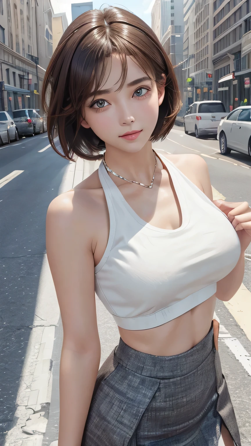 Non-NSFW、Realistic、Highest quality、Highest quality、masterpiece、Ultra-high resolution、RAW Photos、Realistic、Bright lighting、Face Light、Smooth Professional Lighting、Looking into the camera、alone、Adult female、Beautiful woman、Super Beauty、Realistic肌、Moisturized Skin、Realistic eyes and faces、Perfect model body shape、Beautiful Eyes、Big eyes、Inconspicuous tear bags、slim、No bra、Beautiful fingers、Very short hair、Brown Hair、Iris、Looks happy、(Both ears are hidden by hair), (Cotton crop halter top:1.4),(pencil skirt:1.2),In the city, Small Ass, (Large Breasts:1.1),(Venus' Nipples:1.2), A konigsreuter、Sexy Random Poses,(standing:1.1),(from behind:1.6)