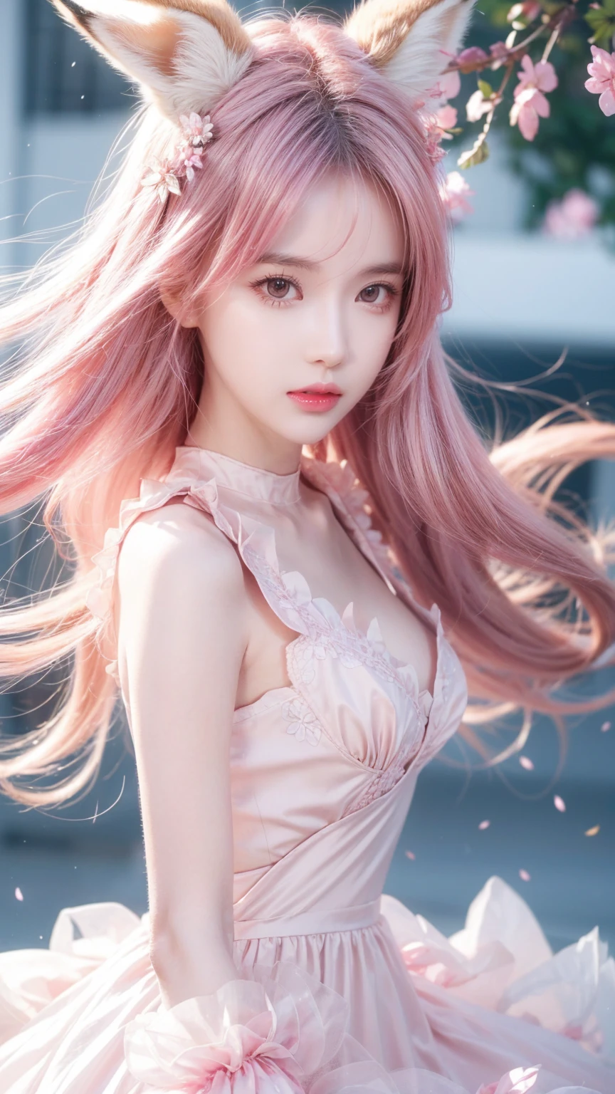 Nine snow-white fox tails (1.0), Milky white fox tail (1.0), Nine-tailed fox close-up, Nine Tails, Nine Tails, Pink Hair、Wearing a pink dress、Anime girl with flowers in her hair, very Beautiful anime fox girl, Beautiful anime fox girl, Beautiful fantasy anime, Gu Weiss, Anime girl with fox ears, Beautiful anime girl, Very beautiful and cute fox girl, Pink flower rain, Background blur, Anime style 4k, Anime Fantasy Artwork, 4k anime wallpaper, Guvez-style artwork