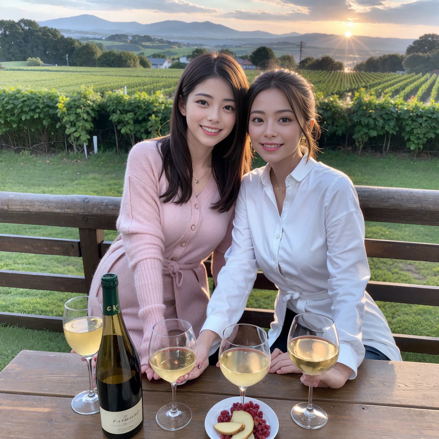 ((Highest quality、8K、masterpiece:1.3))、1 male 1 female、Satomi Ishihara、 years old、Slim Beauty、Pink Couple、smile、 (Slim face), (the body is スリム), (Brown Hair), (Shortcuts), テーブルのフルコースディナーとwine glass、Amazing view of the sunset sky and clouds、smileの美しさ、Wine bottle、sparkling wine、Long sleeve shirt、dress、White wine, red wine, wine glass,