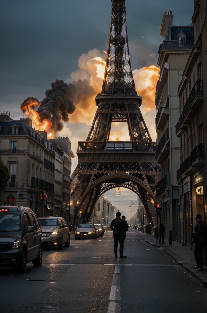 the eiffell tower of Paris in flames seen from a street with two Parisian buildings, soldiers in the street and tanks, professional photo with very high details, World War III scenario 