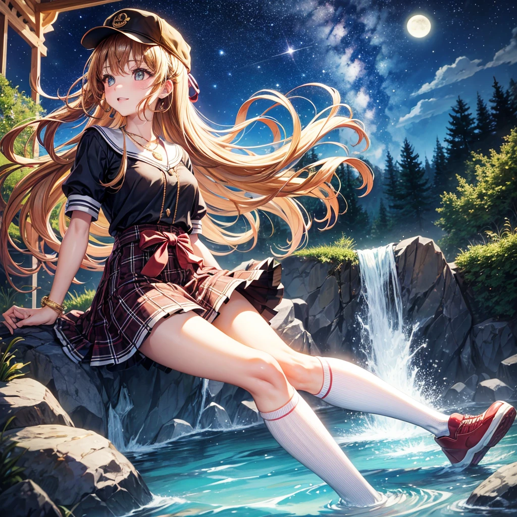 Red, brown, gold, gold hair、Golden Eyes、Hair tied up、One good looking girl、solo、anime、Checkered mini skirt、Ruffles on the skirt、Checked dress、blouse、school uniform、Black knee-high socks、Wearing a baseball cap、Ribbon、Ribbon on waist、Teeth are visible、Silver coin necklace、From above、Cobblestones、waterfall、Starry Sky、Midnight Moon、suspension bridge、Soap bubbles are flying、beam、ripple、Rocks floating in water、Crab walking