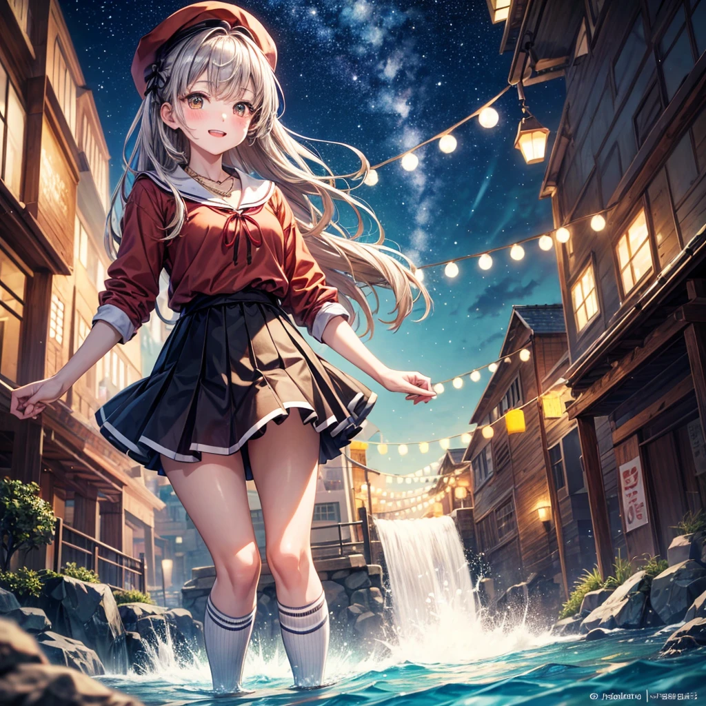 Red, brown, gold, gold hair、Golden Eyes、Hair tied up、One good looking girl、solo、anime、Checkered mini skirt、Ruffles on the skirt、Checked dress、blouse、school uniform、Black knee-high socks、Wearing a baseball cap、Ribbon、Ribbon on waist、Teeth are visible、Silver coin necklace、From above、Cobblestones、waterfall、Starry Sky、Midnight Moon、suspension bridge、Soap bubbles are flying、beam、ripple、Rocks floating in water、Crab walking