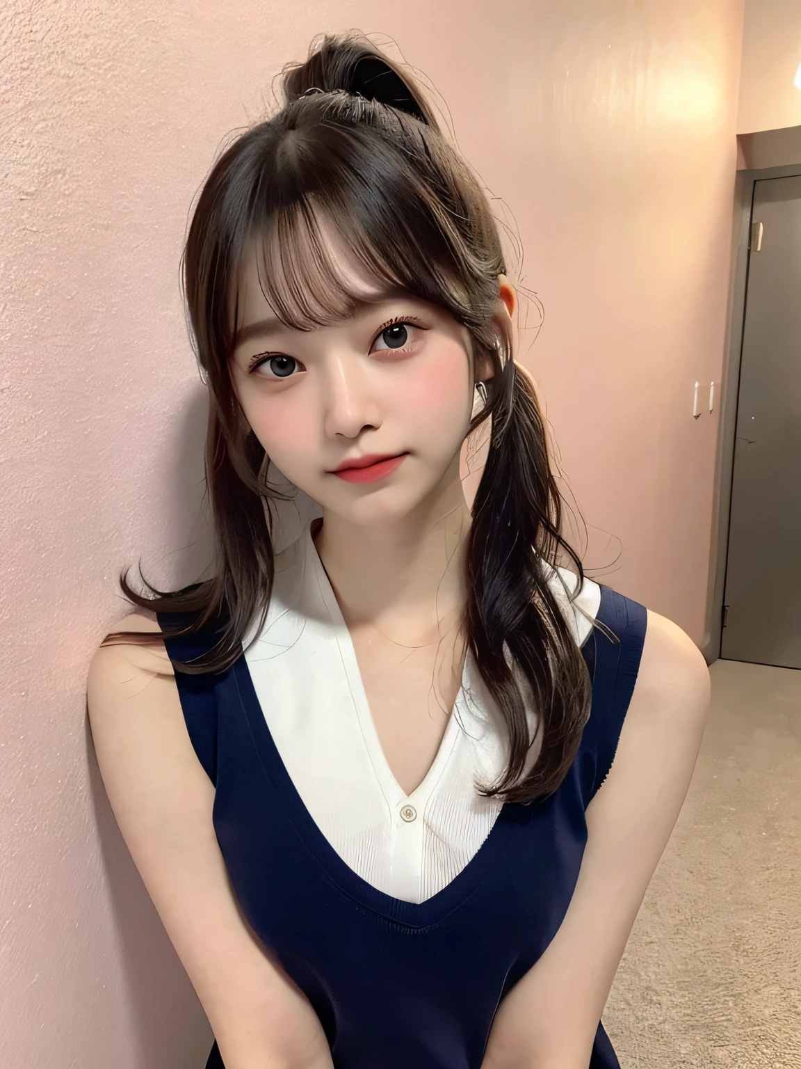 One person、、Full body photo,slender、woman、White drool coming out of the mouth、smile、、ponytail、 Fair skin, messy hair, super cute、Soft and Face、8K resolution、Surreal、Ultra high definition、 A-cup small breasts((Highest resolution、8K、masterpiece:1.3))、Ultra-fine face、Ultra Fine Lips、Beautiful Eyes、double eyelid,Pink wall、A sleeveless, navy blue polo shirt with a collar、White Skirt、Thighs、thin,Thighsが見える、Shapely small breasts、sexy、So cute!