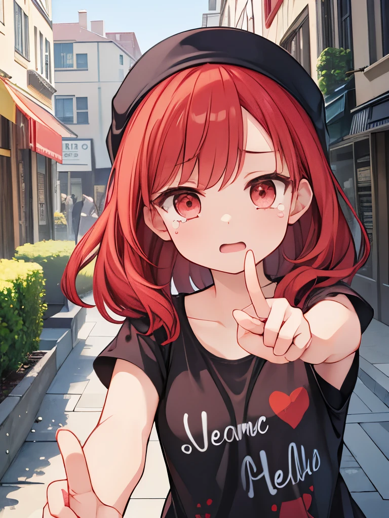 Masterpiece,best quality,ultra detailed,Girl,red hair, Tears in her eyes, a comical expression on her face, (pointing at herself),The background is a pattern of red, blue and yellow lights.