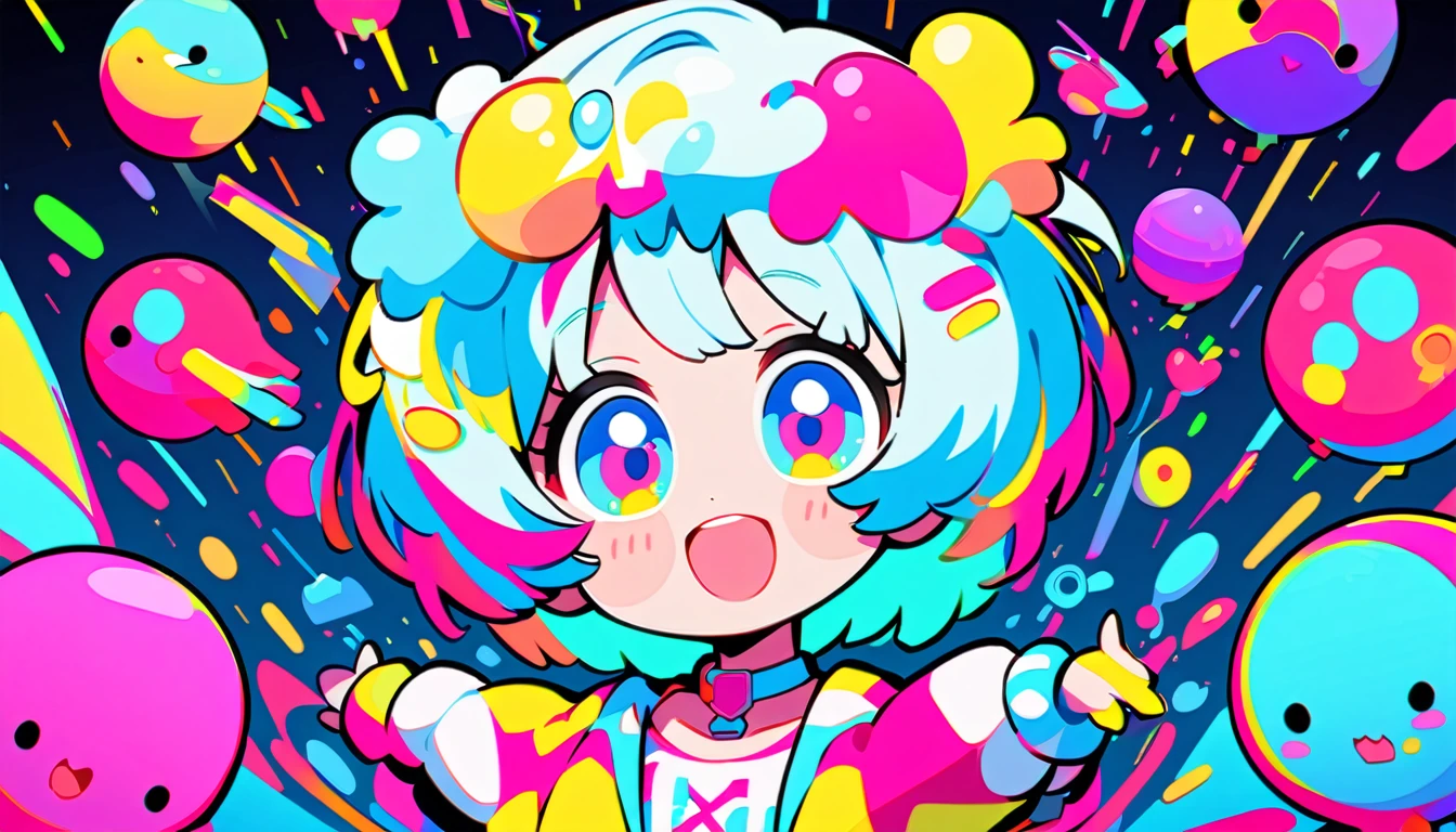 Vibrant art,pop、bright、colorful, 1 female, Light blue hair,　short hair、Happy,cute, Animation Style, cute, clearly, colorful cyberpunk, bubblegum pop, cute、Pink and light blue as main colors、I&#39;Cheer loudly、　Wearing headphones、tropical,　summer、　Cool atmosphere、
