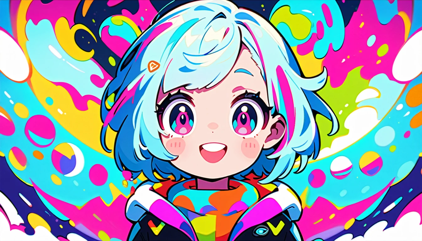 Vibrant art,pop、bright、colorful, 1 female, Light blue hair, short hair、Happy,cute, Animation Style, cute, clearly, colorful cyberpunk, bubblegum pop, cute、Pink and light blue as main colors、I'Cheer loudly、 Wearing headphones、tropical, summer、 Cool atmosphere、